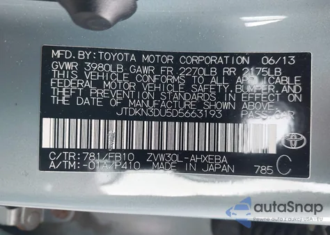 2013 Toyota Prius Two z USA, uszkodzony, nr VIN JTDKN3DU5D5663193